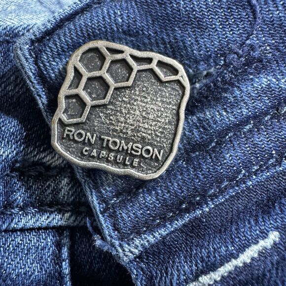 Ron Tomson Logo Graphic Distressed Jeans Men 34x30 Slim Straight Stretch Luxury - Picture 9 of 16